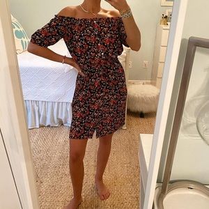 off the shoulder floral sundress with buttons and waist tie